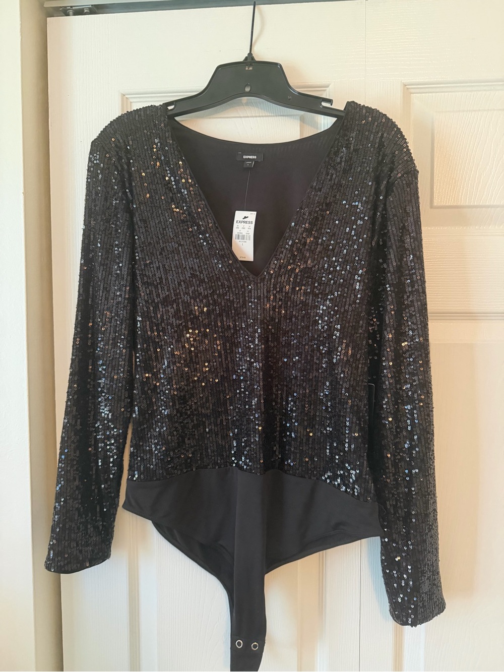 Express Black Sequin V-Neck Long Sleeve Bodysuit